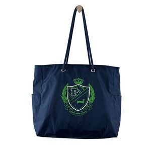 Victoria's Secret PINK Navy Blue Crest Large Nylon Tote Bag Green Striped Lining